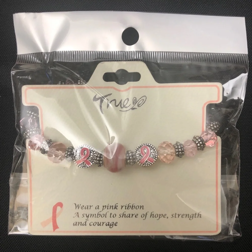 🌼 Pink Ribbon Glass Bead Breast Cancer Stretch Bracelet